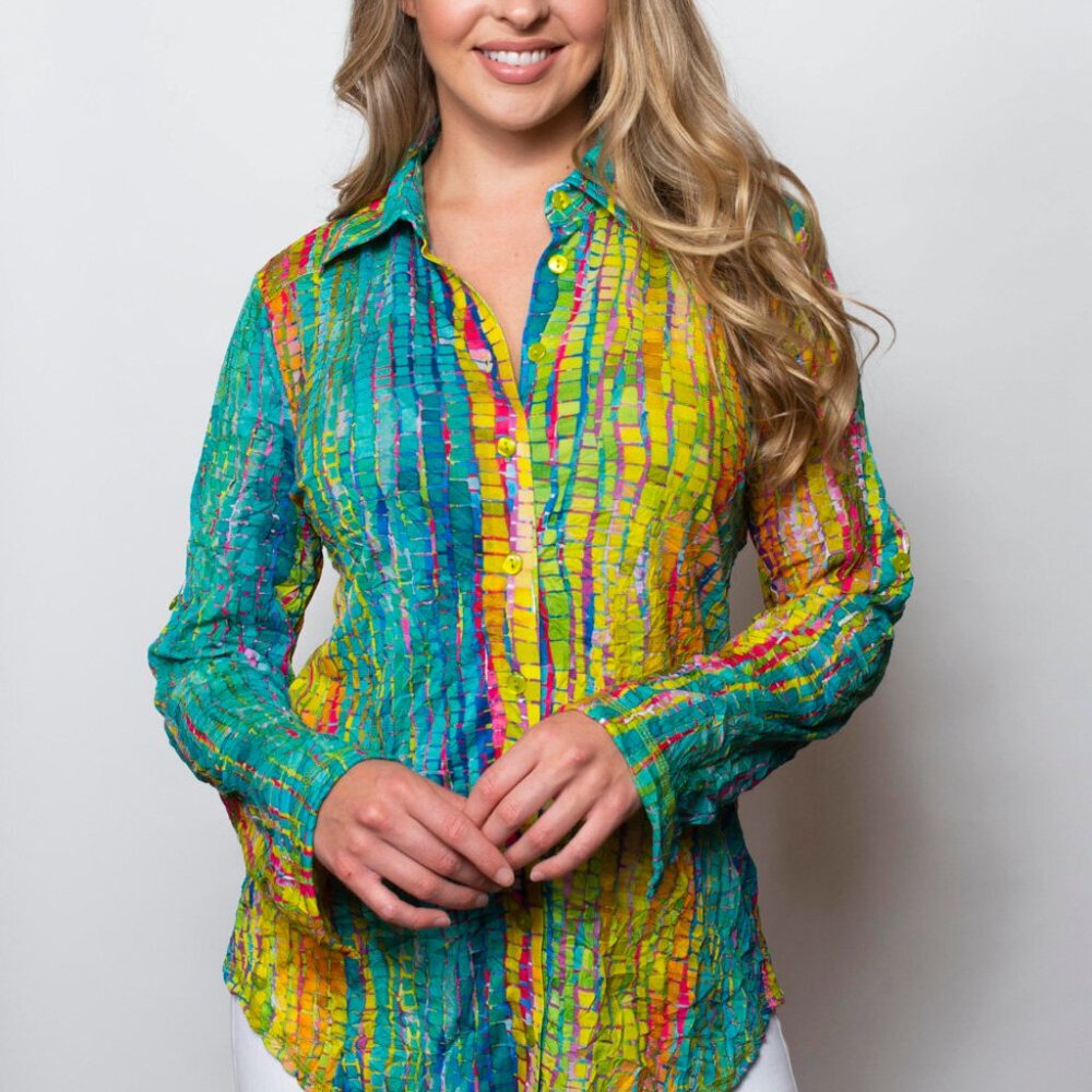 Sno Skins blouse XS colorful geometric mosaic print
